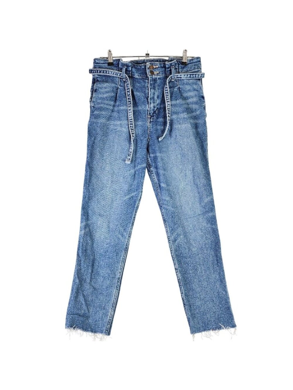 Juniors Hollister Blue Ultra High Rise Curvy Mom Jeans Paperbag Style Belted 7